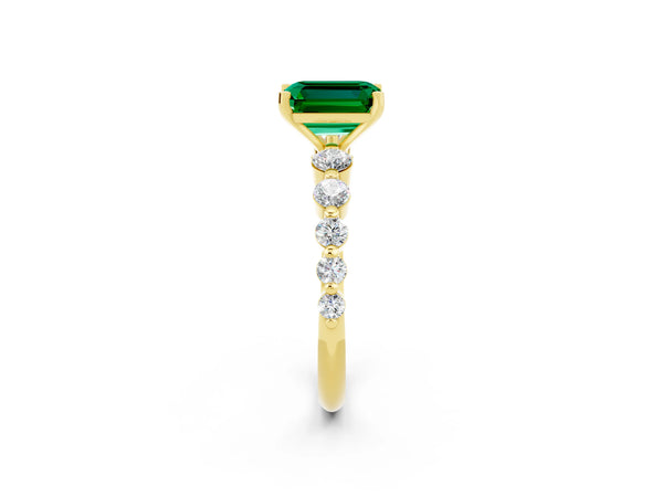 Yellow gold Emerald Cut Solitaire Emerald Ring with Pave Band and Four-Prong Setting