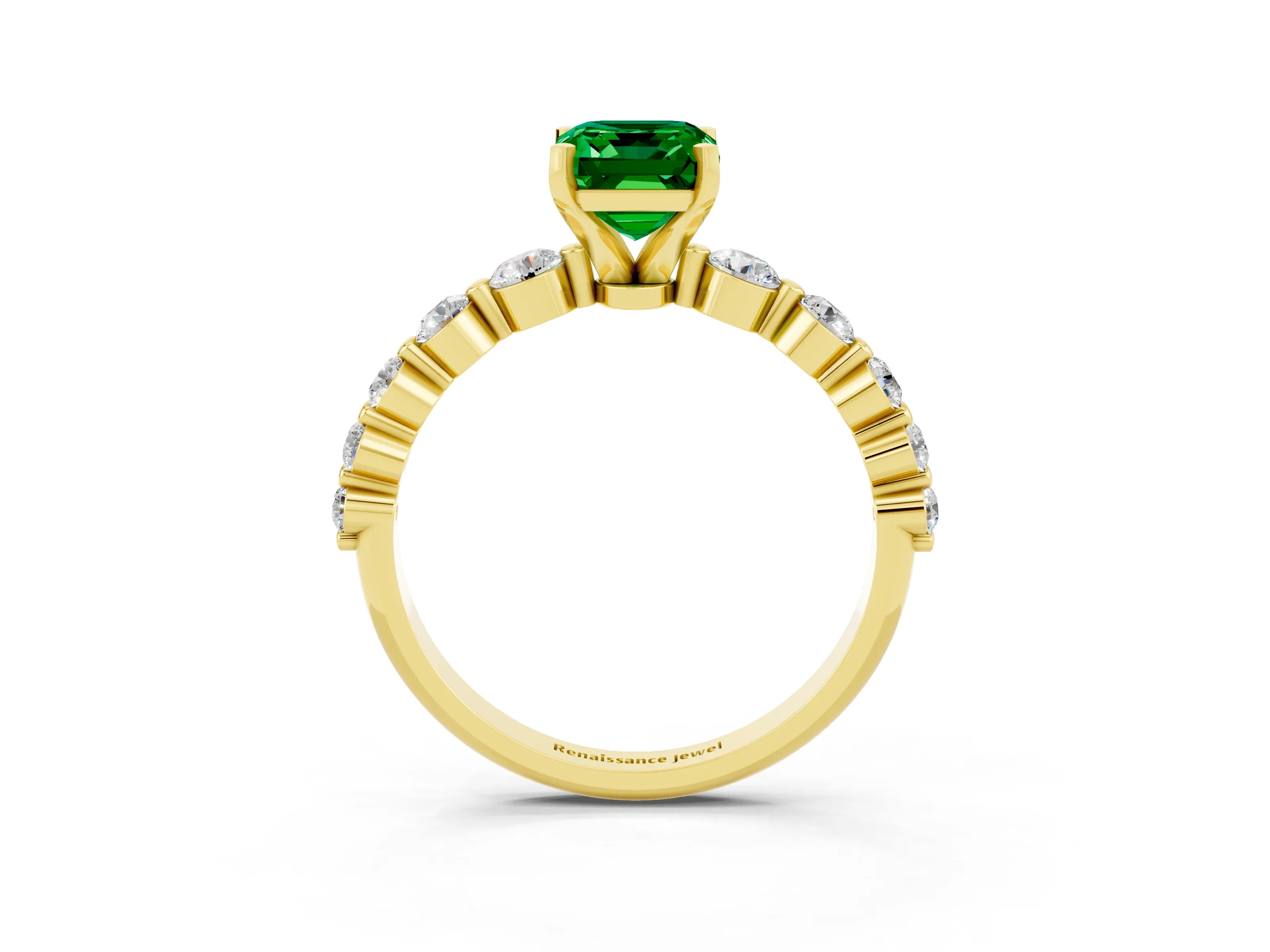 Yellow gold Emerald Cut Solitaire Emerald Ring with Pave Band and Four-Prong Setting_3