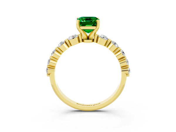 Yellow gold Emerald Cut Solitaire Emerald Ring with Pave Band and Four-Prong Setting