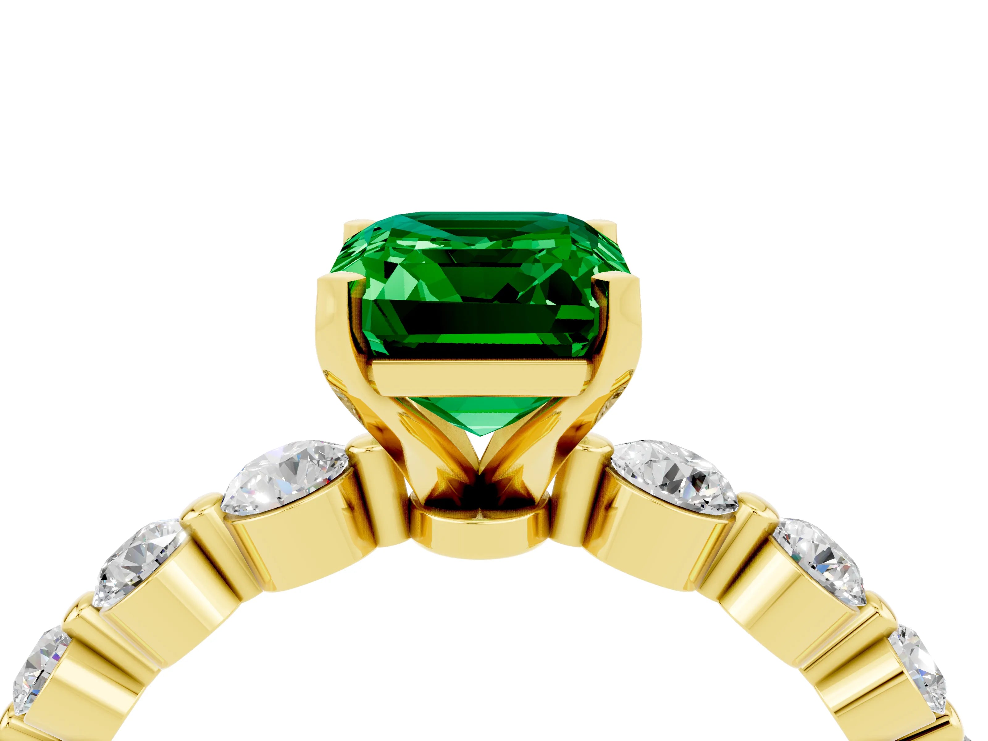Yellow gold Emerald Cut Solitaire Emerald Ring with Pave Band and Four-Prong Setting_4