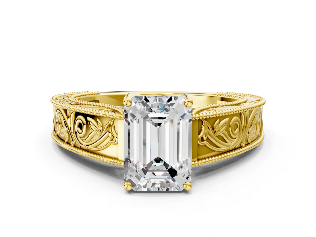 Yellow gold Emerald Cut Solitaire Engraved Band with Four-Prong Setting_79