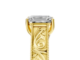 Yellow gold Emerald Cut Solitaire Engraved Band with Four-Prong Setting_84