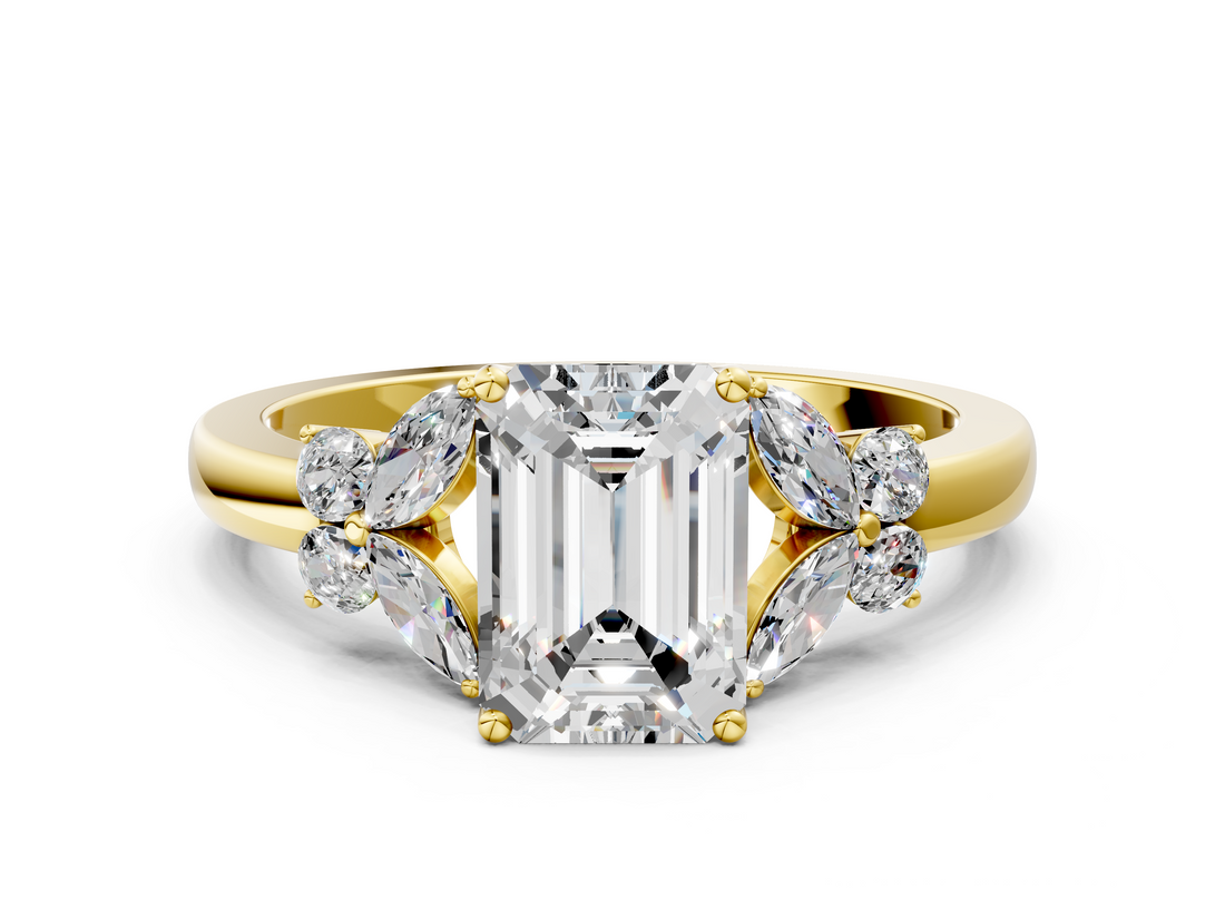 Yellow gold Emerald Cut Solitaire Floral Diamond Ring with Four-Prong Setting_50