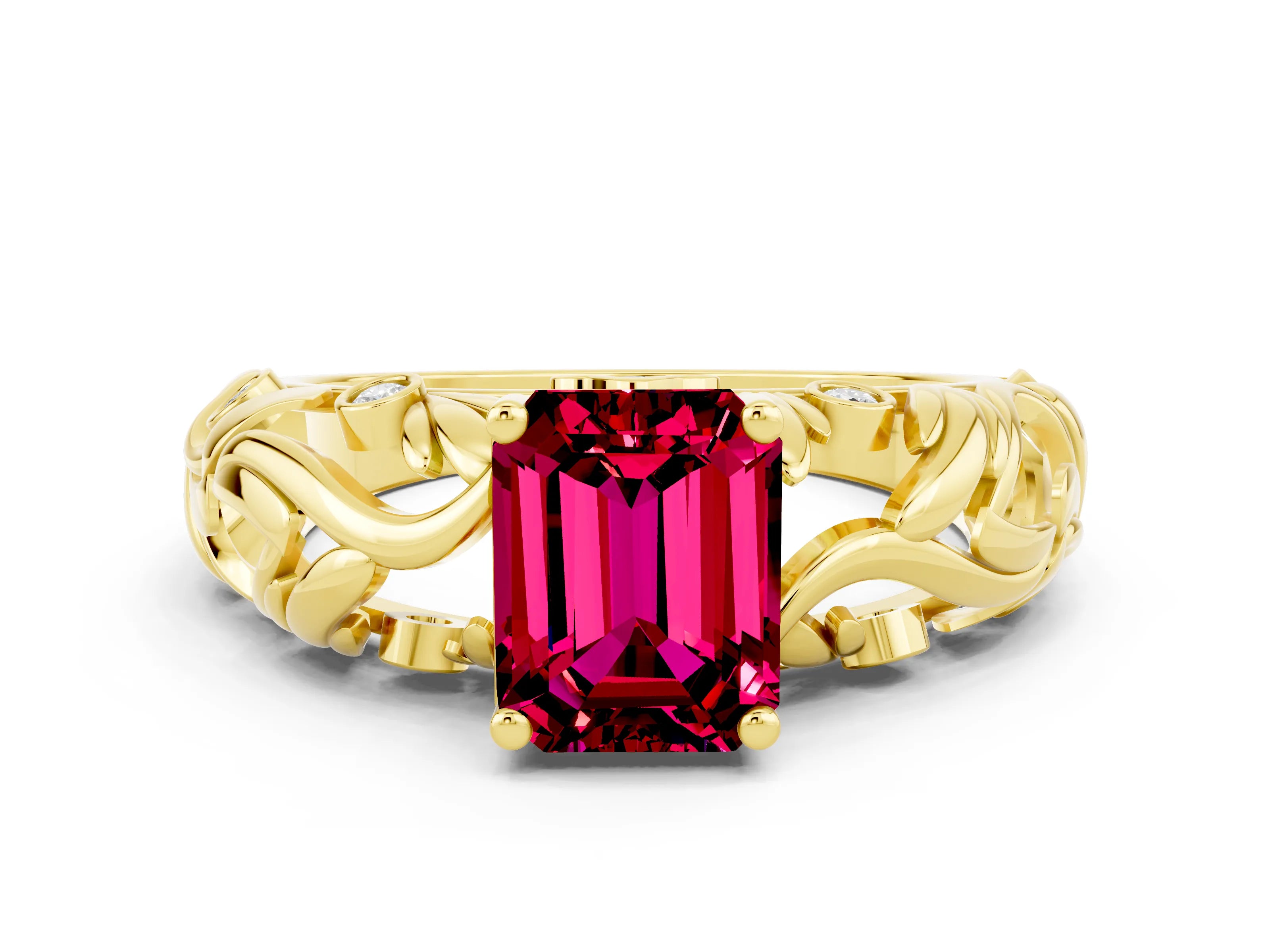 Yellow gold Emerald Cut Solitaire Garnet Leaf-Inspired Vine Band Ring with Prong Setting