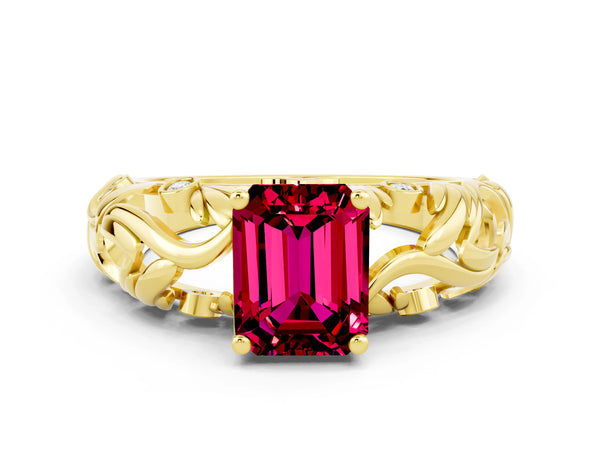 Yellow gold Emerald Cut Solitaire Garnet Leaf-Inspired Vine Band Ring with Prong Setting