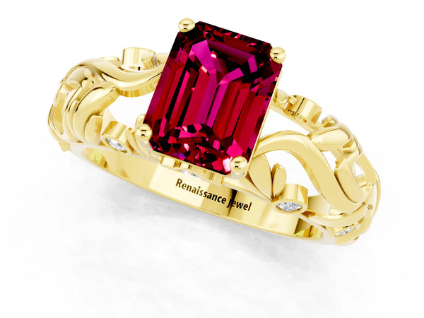 Yellow gold Emerald Cut Solitaire Garnet Leaf-Inspired Vine Band Ring with Prong Setting