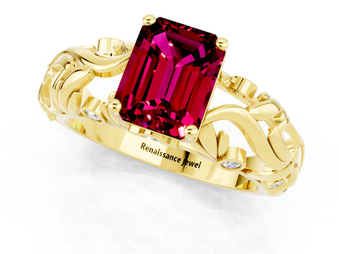 Yellow gold Emerald Cut Solitaire Garnet Leaf-Inspired Vine Band Ring with Prong Setting_1