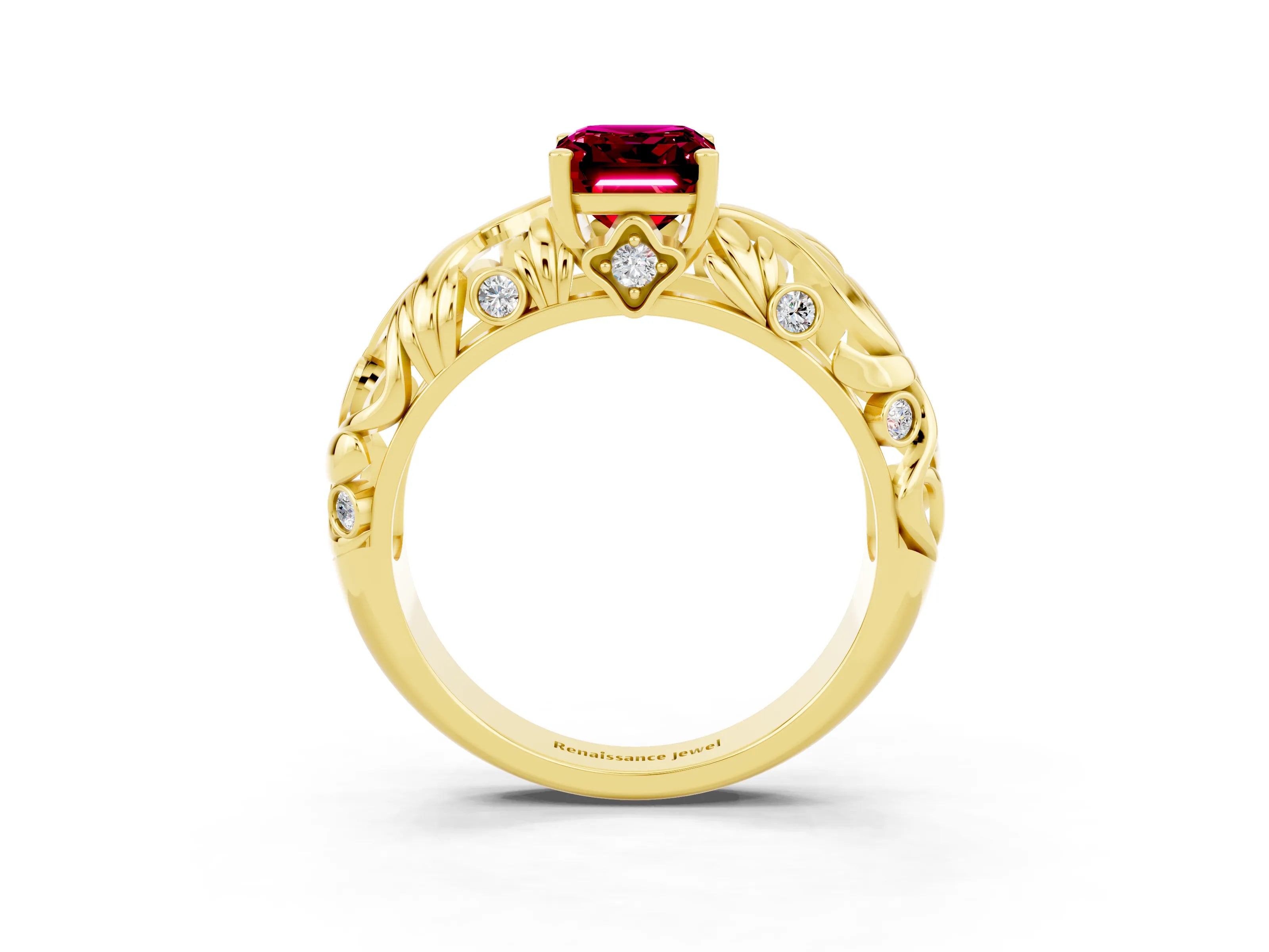 Yellow gold Emerald Cut Solitaire Garnet Leaf-Inspired Vine Band Ring with Prong Setting_3