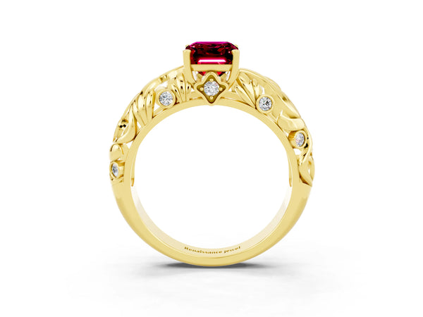 Yellow gold Emerald Cut Solitaire Garnet Leaf-Inspired Vine Band Ring with Prong Setting