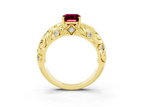 Yellow gold Emerald Cut Solitaire Garnet Leaf-Inspired Vine Band Ring with Prong Setting_3