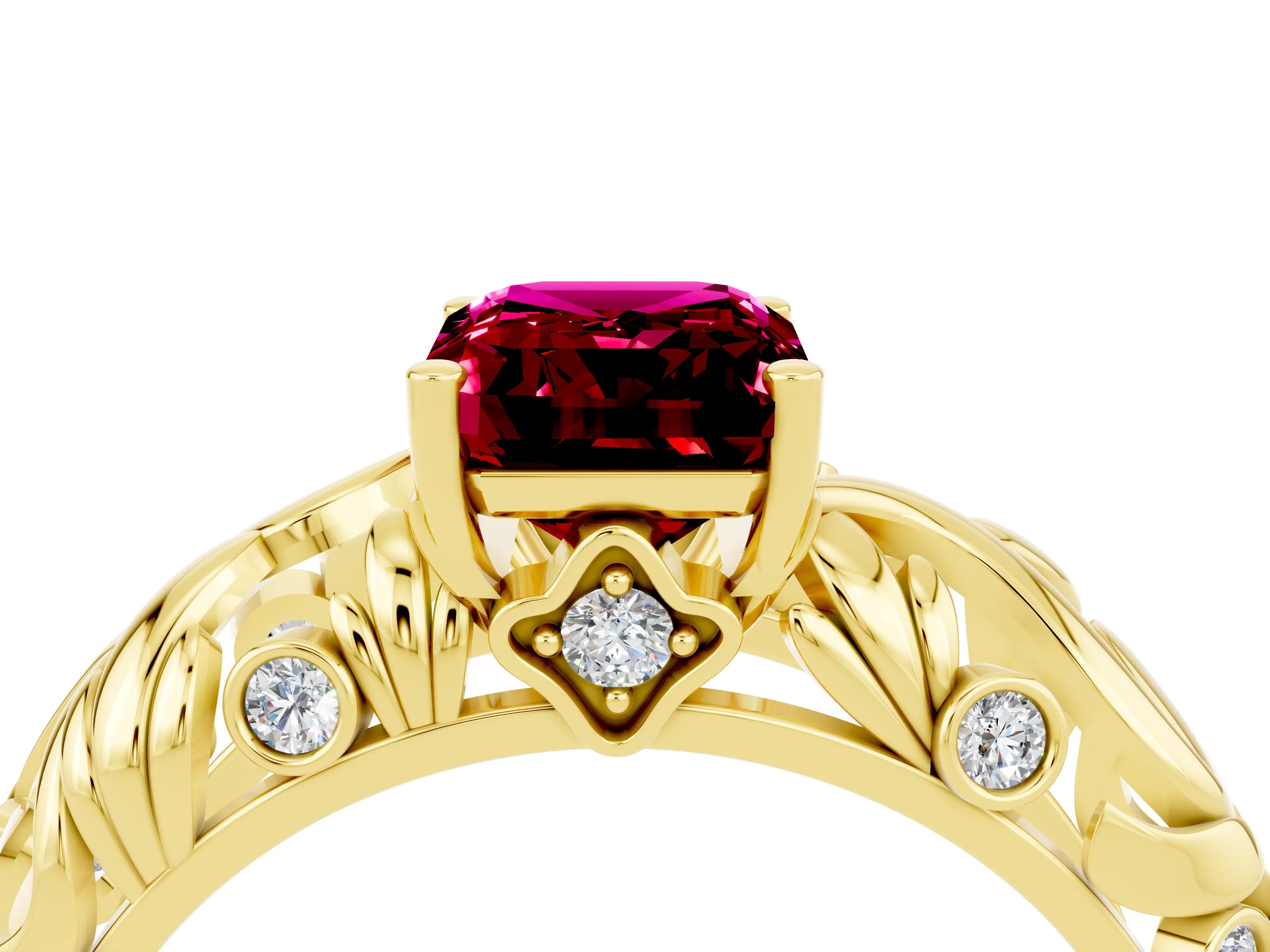 Yellow gold Emerald Cut Solitaire Garnet Leaf-Inspired Vine Band Ring with Prong Setting_4