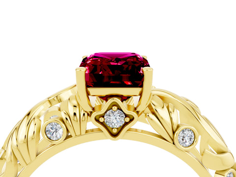 Yellow gold Emerald Cut Solitaire Garnet Leaf-Inspired Vine Band Ring with Prong Setting_4
