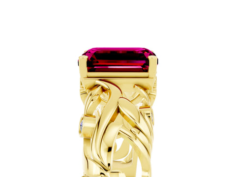 Yellow gold Emerald Cut Solitaire Garnet Leaf-Inspired Vine Band Ring with Prong Setting_5