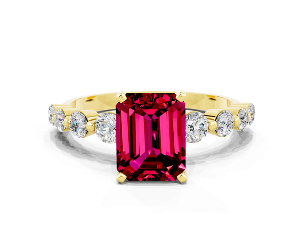 Yellow gold Emerald Cut Solitaire Garnet Ring with Pave Band and Four-Prong Setting