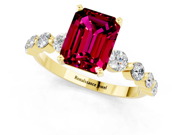 Yellow gold Emerald Cut Solitaire Garnet Ring with Pave Band and Four-Prong Setting