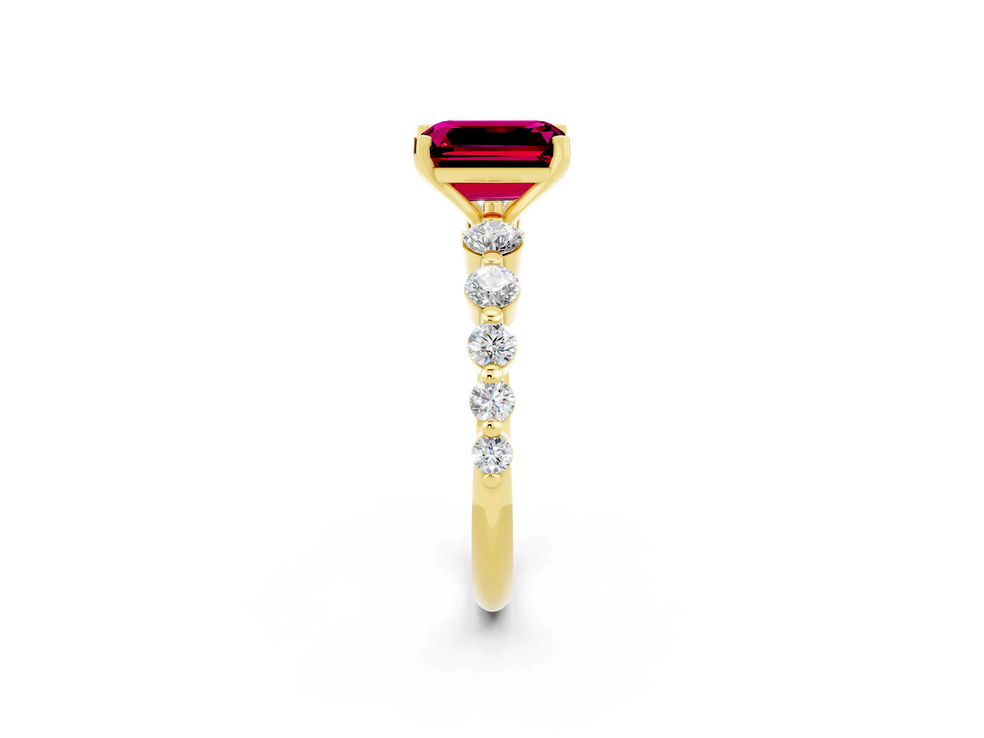Yellow gold Emerald Cut Solitaire Garnet Ring with Pave Band and Four-Prong Setting_2