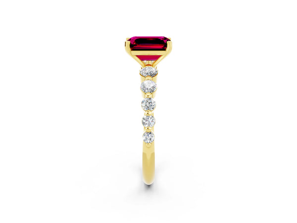 Yellow gold Emerald Cut Solitaire Garnet Ring with Pave Band and Four-Prong Setting