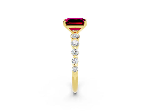 Yellow gold Emerald Cut Solitaire Garnet Ring with Pave Band and Four-Prong Setting_2