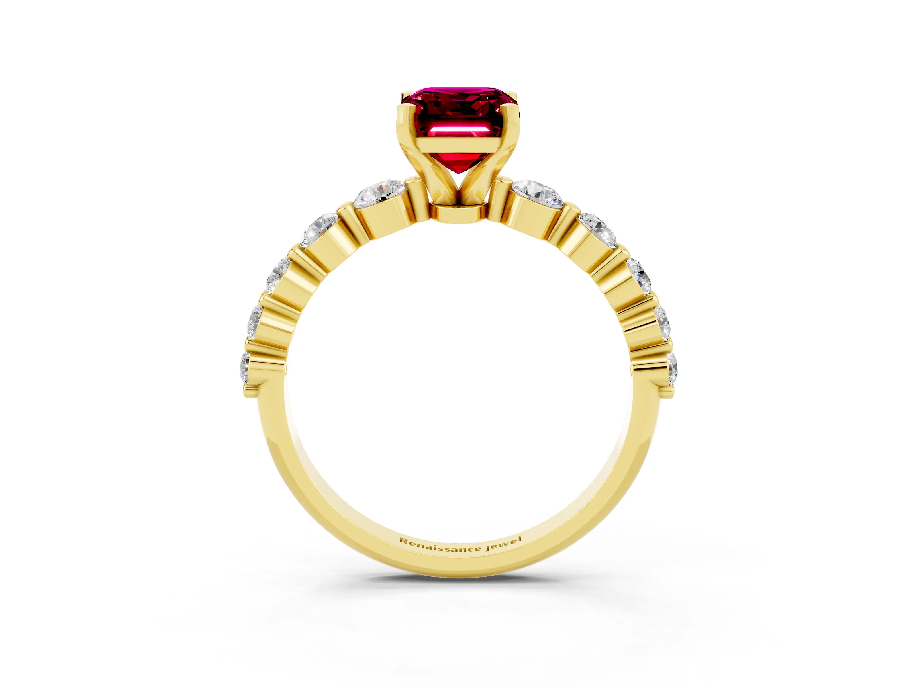 Yellow gold Emerald Cut Solitaire Garnet Ring with Pave Band and Four-Prong Setting_3