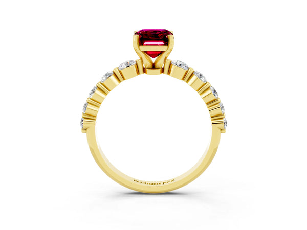 Yellow gold Emerald Cut Solitaire Garnet Ring with Pave Band and Four-Prong Setting