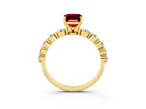Yellow gold Emerald Cut Solitaire Garnet Ring with Pave Band and Four-Prong Setting_3