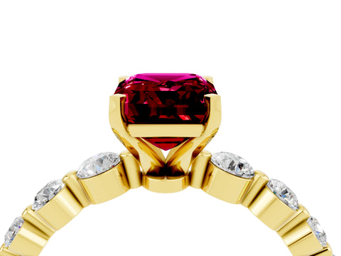 Yellow gold Emerald Cut Solitaire Garnet Ring with Pave Band and Four-Prong Setting_4