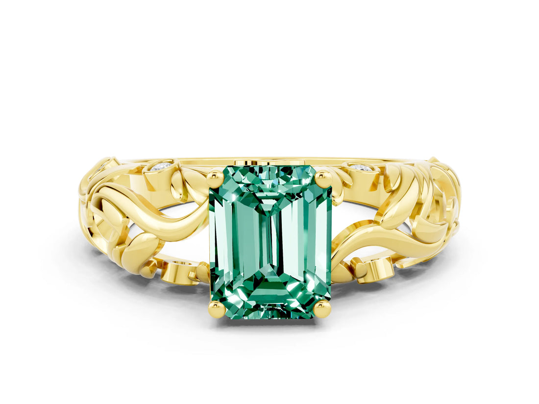 Yellow gold Emerald Cut Solitaire Green Sapphire Leaf-Inspired Vine Band Ring with Prong Setting