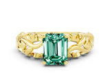 Yellow gold Emerald Cut Solitaire Green Sapphire Leaf-Inspired Vine Band Ring with Prong Setting