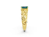 Yellow gold Emerald Cut Solitaire Green Sapphire Leaf-Inspired Vine Band Ring with Prong Setting_2