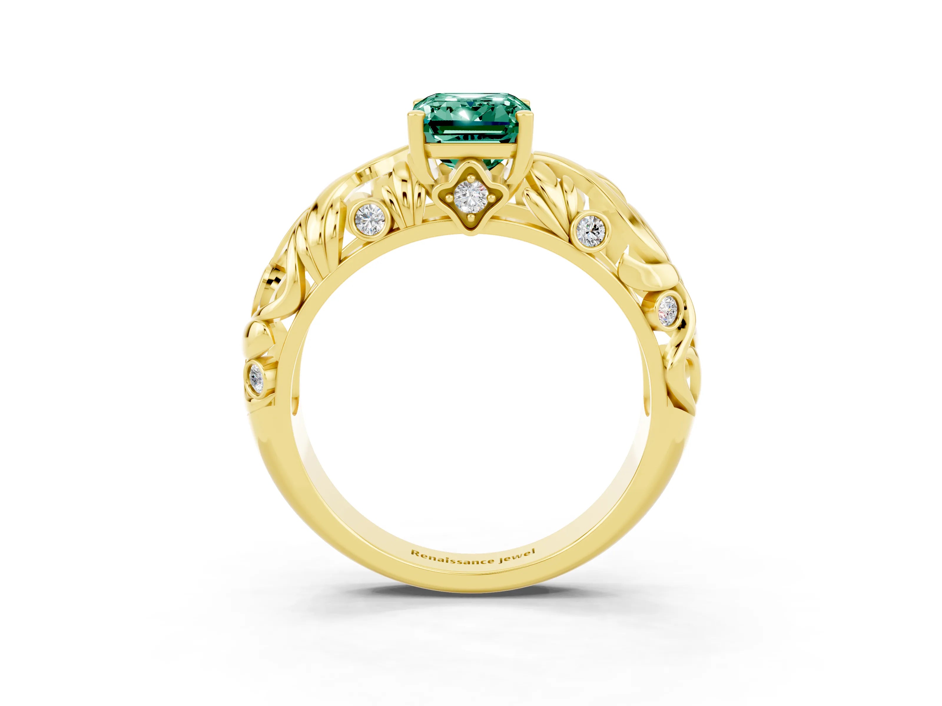 Yellow gold Emerald Cut Solitaire Green Sapphire Leaf-Inspired Vine Band Ring with Prong Setting_3