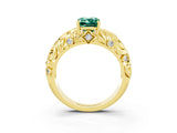 Yellow gold Emerald Cut Solitaire Green Sapphire Leaf-Inspired Vine Band Ring with Prong Setting_3
