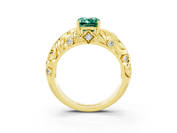 Yellow gold Emerald Cut Solitaire Green Sapphire Leaf-Inspired Vine Band Ring with Prong Setting