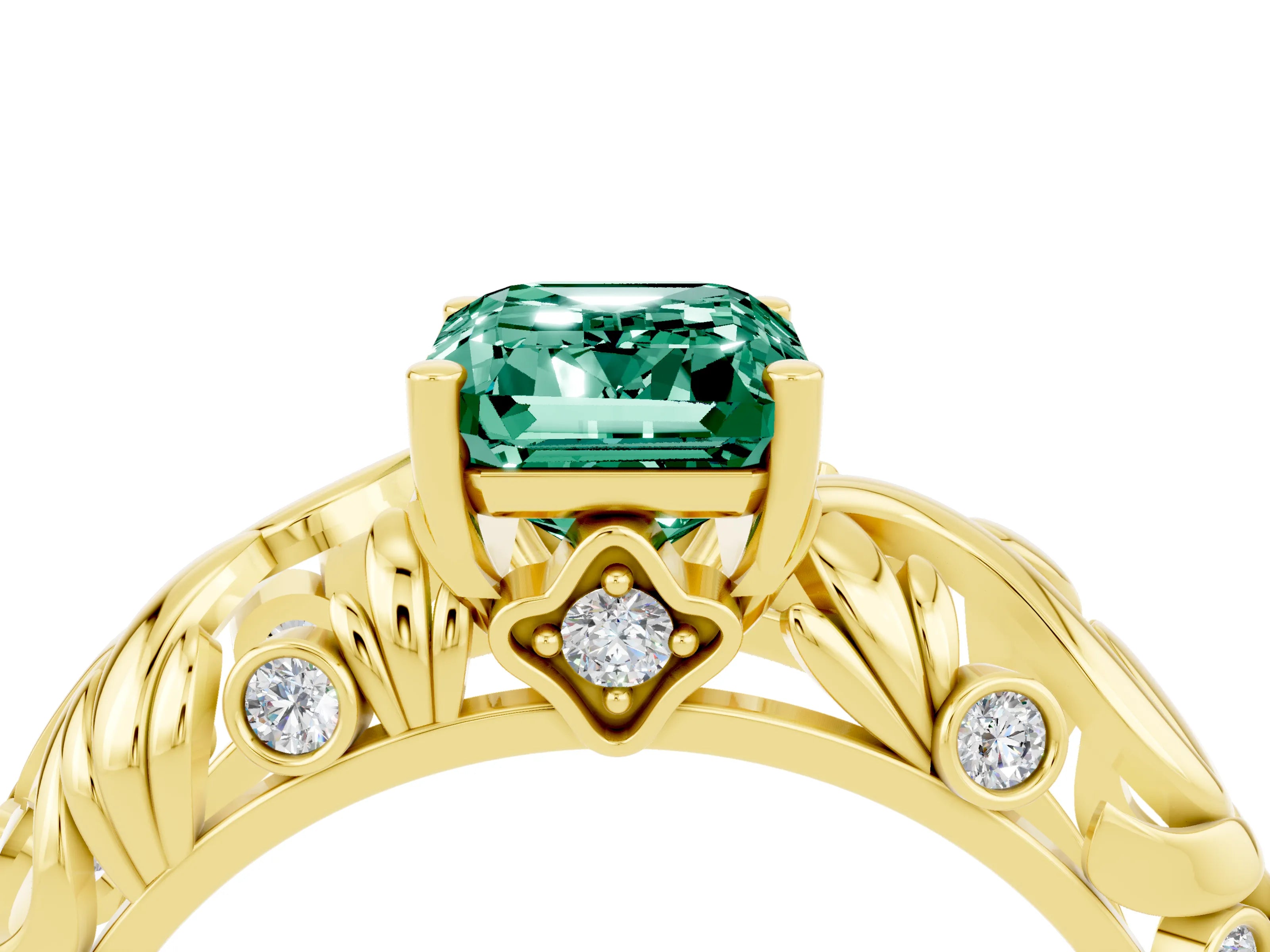 Yellow gold Emerald Cut Solitaire Green Sapphire Leaf-Inspired Vine Band Ring with Prong Setting_4