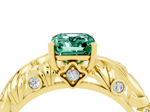 Yellow gold Emerald Cut Solitaire Green Sapphire Leaf-Inspired Vine Band Ring with Prong Setting_4