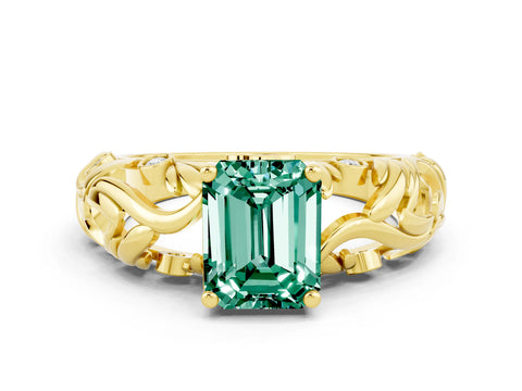 Yellow gold Emerald Cut Solitaire Green Sapphire Leaf-Inspired Vine Band Ring with Prong Setting