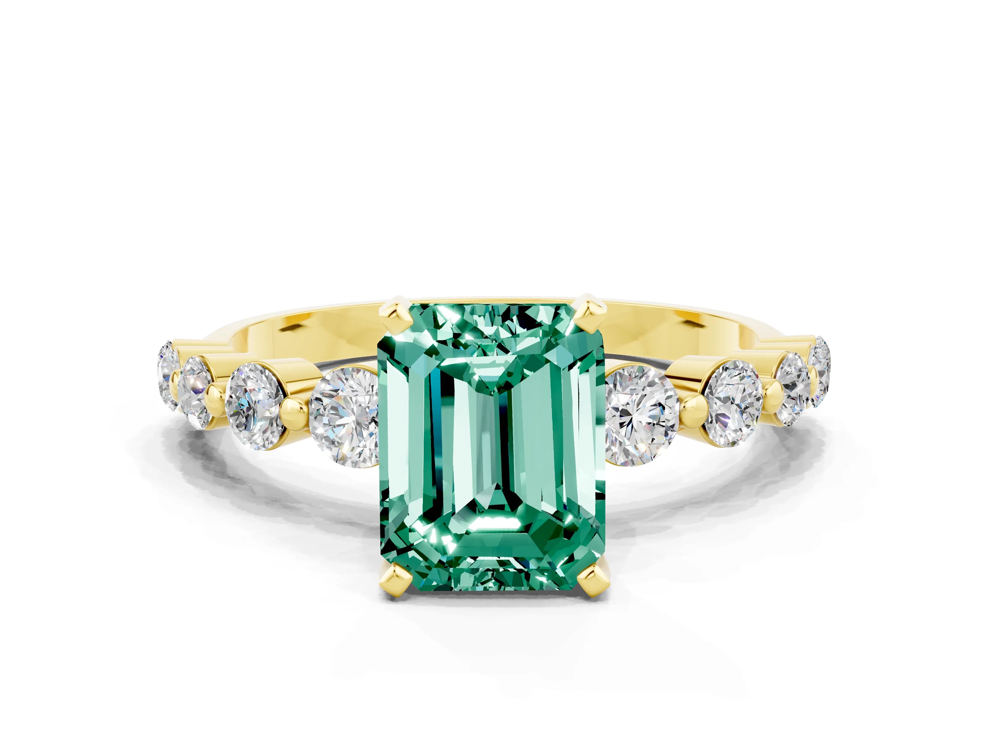 Yellow gold Emerald Cut Solitaire Green Sapphire Ring with Pave Band and Four-Prong Setting