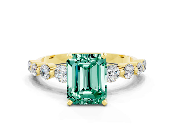 Yellow gold Emerald Cut Solitaire Green Sapphire Ring with Pave Band and Four-Prong Setting