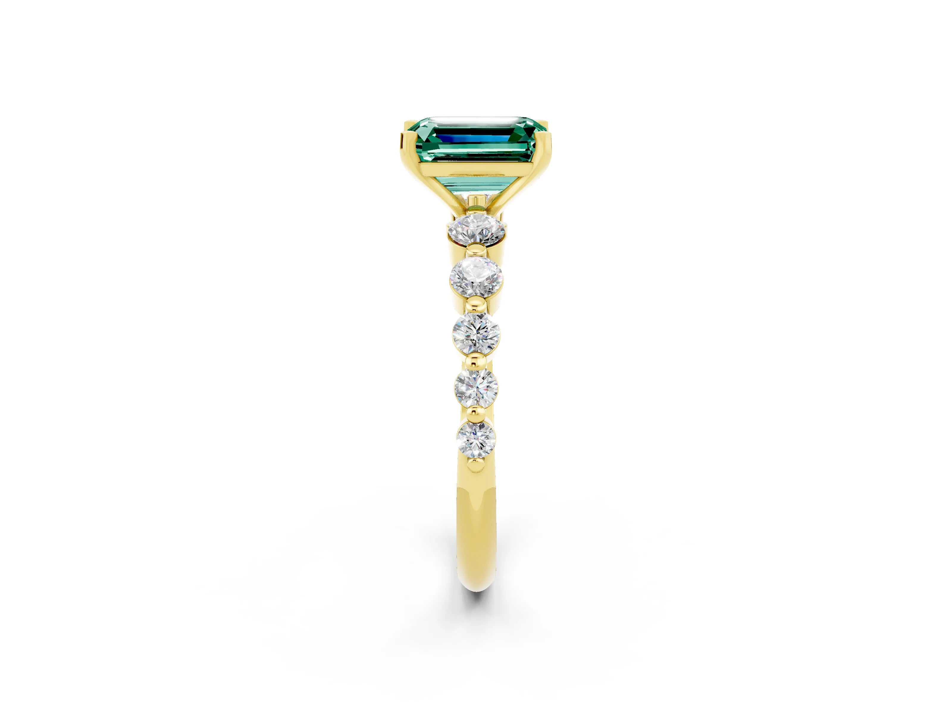 Yellow gold Emerald Cut Solitaire Green Sapphire Ring with Pave Band and Four-Prong Setting_2