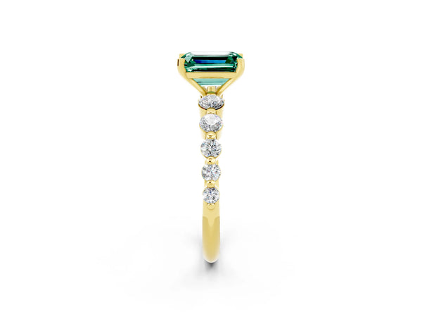 Yellow gold Emerald Cut Solitaire Green Sapphire Ring with Pave Band and Four-Prong Setting