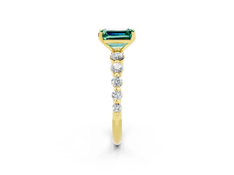 Yellow gold Emerald Cut Solitaire Green Sapphire Ring with Pave Band and Four-Prong Setting_2