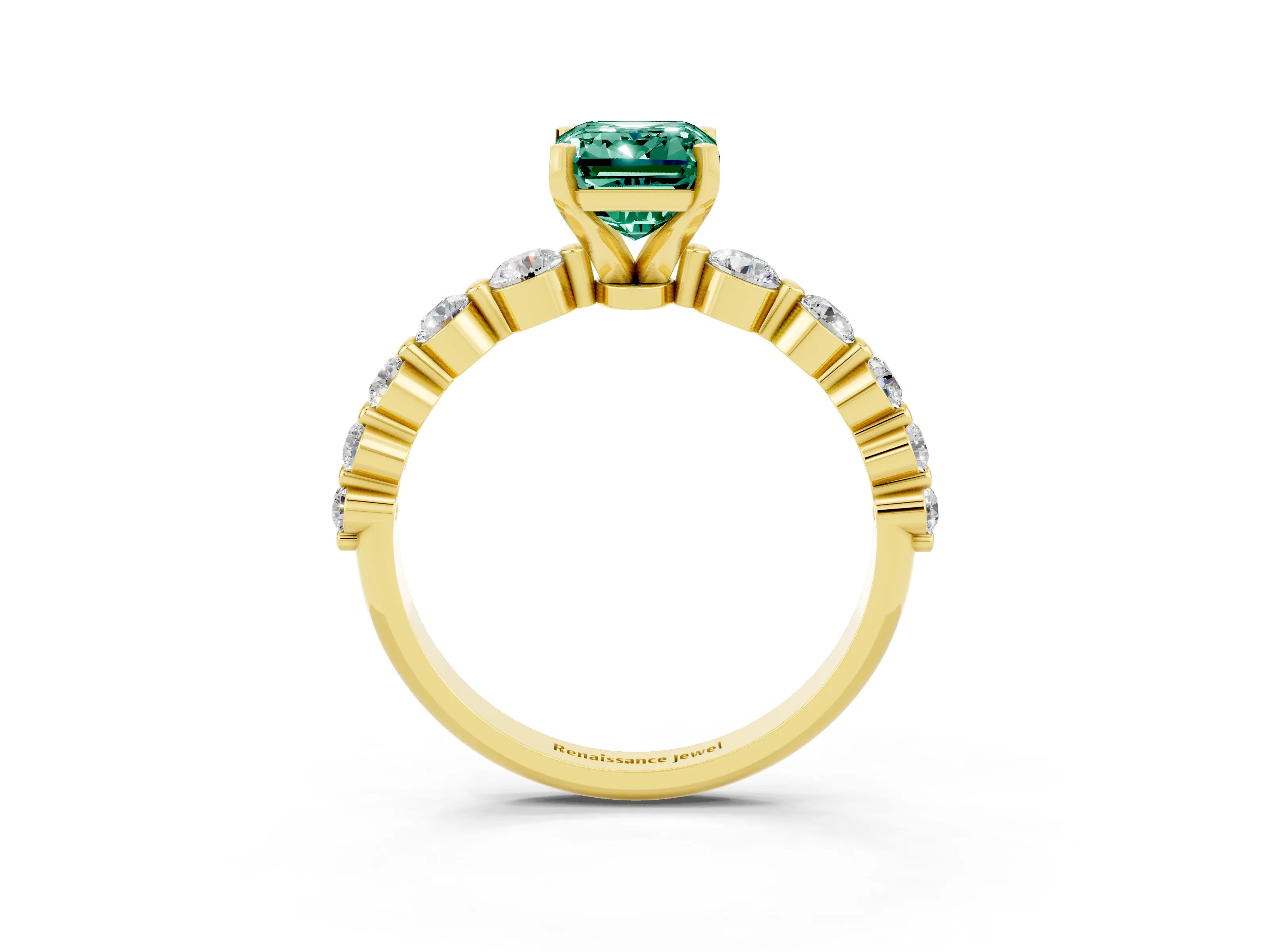 Yellow gold Emerald Cut Solitaire Green Sapphire Ring with Pave Band and Four-Prong Setting_3