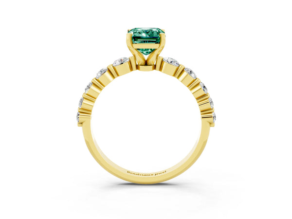 Yellow gold Emerald Cut Solitaire Green Sapphire Ring with Pave Band and Four-Prong Setting