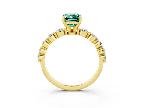Yellow gold Emerald Cut Solitaire Green Sapphire Ring with Pave Band and Four-Prong Setting_3