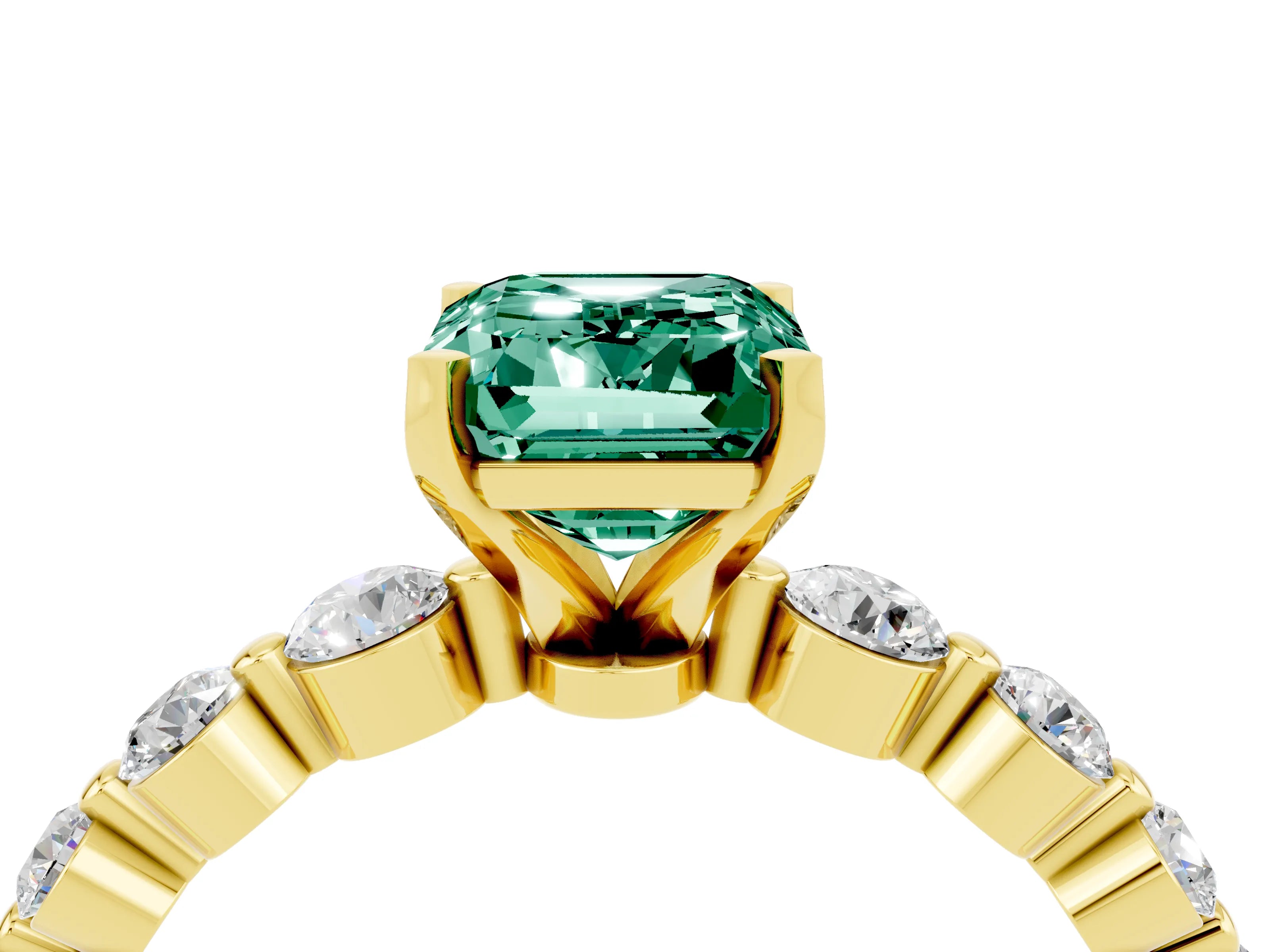 Yellow gold Emerald Cut Solitaire Green Sapphire Ring with Pave Band and Four-Prong Setting_4