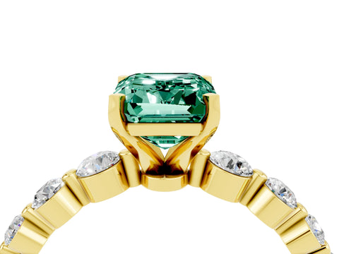 Yellow gold Emerald Cut Solitaire Green Sapphire Ring with Pave Band and Four-Prong Setting_4