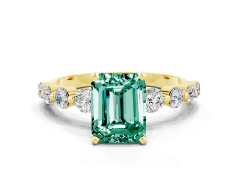Yellow gold Emerald Cut Solitaire Green Sapphire Ring with Pave Band and Four-Prong Setting