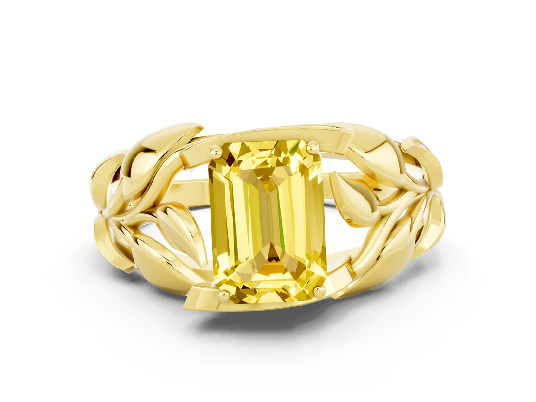Yellow gold Emerald Cut Solitaire Leaf-Inspired Engagement Ring with Prong Setting