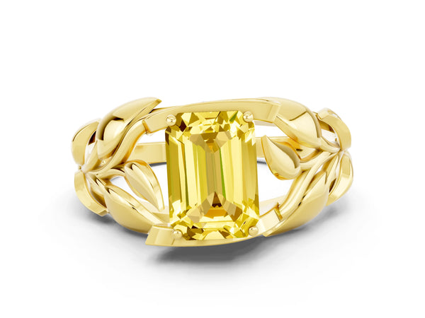 Yellow gold Emerald Cut Yellow Sapphire Leaf-Inspired Engagement Ring with Round Accents and Prong Setting