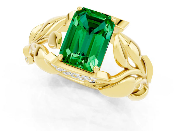 Yellow gold Emerald Cut Emerald Leaf-Inspired Engagement Ring with Round Accents and Prong Setting