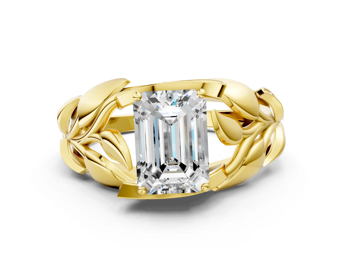 Yellow gold Emerald Cut Solitaire Leaf-Inspired Engagement Ring with Prong Setting_15